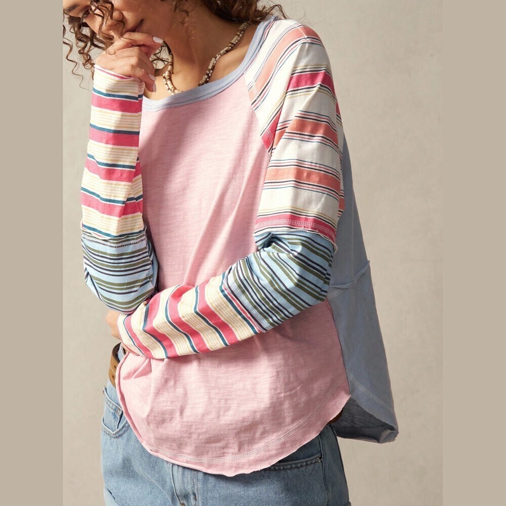 Pink Colorblock Striped Raglan Sleeve Loose Fit Top